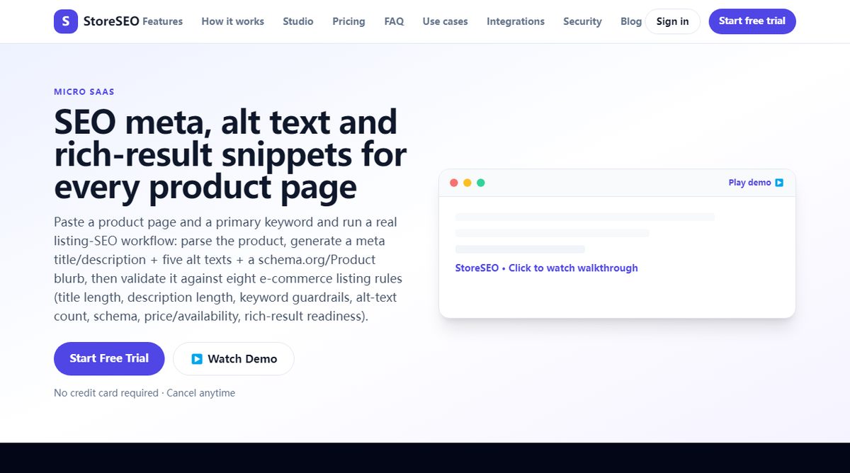 StoreSEO product homepage screenshot.