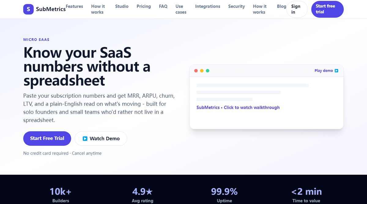 SubMetrics product homepage screenshot.