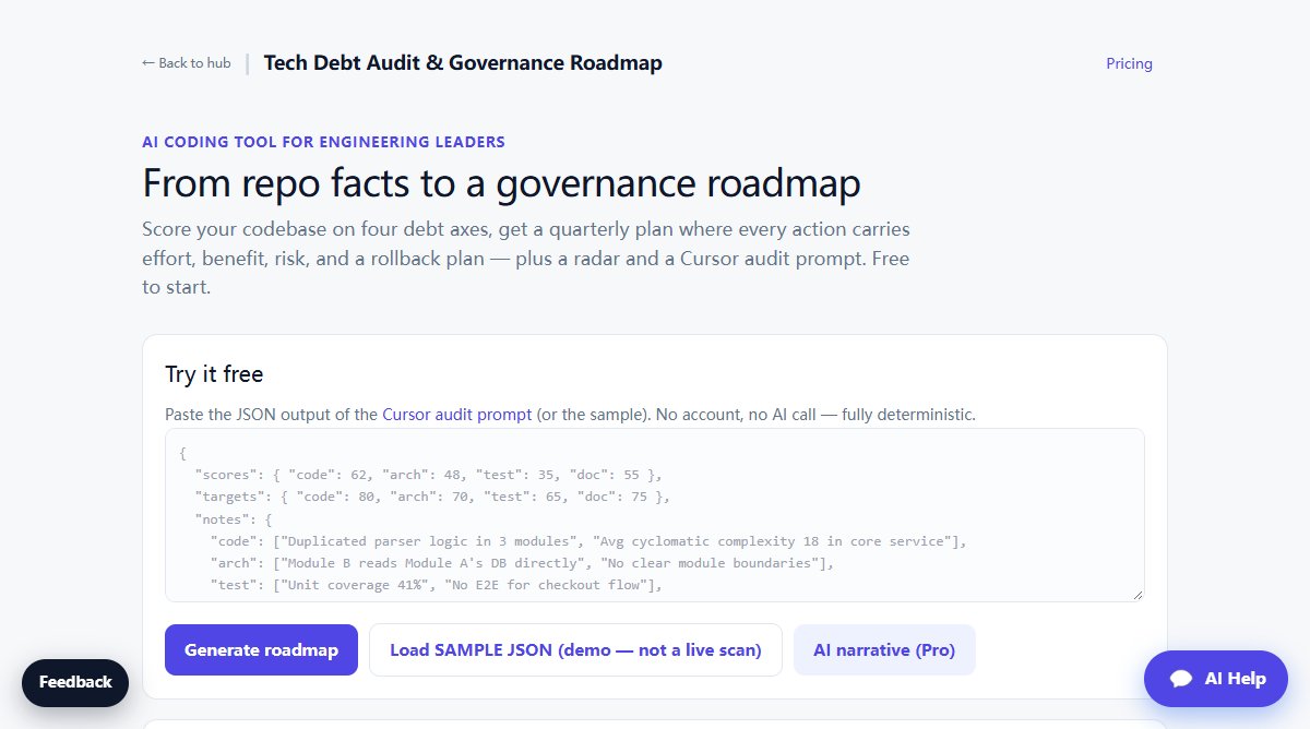 Tech Debt Audit & Governance Roadmap product homepage screenshot.