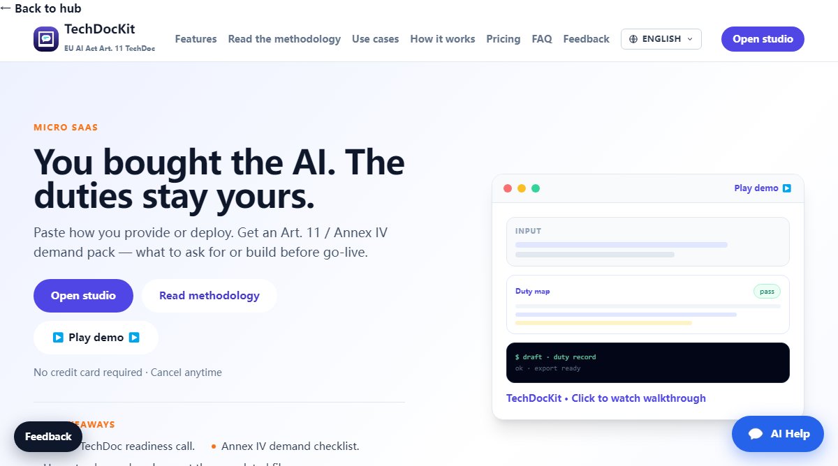 TechDocKit product homepage screenshot.