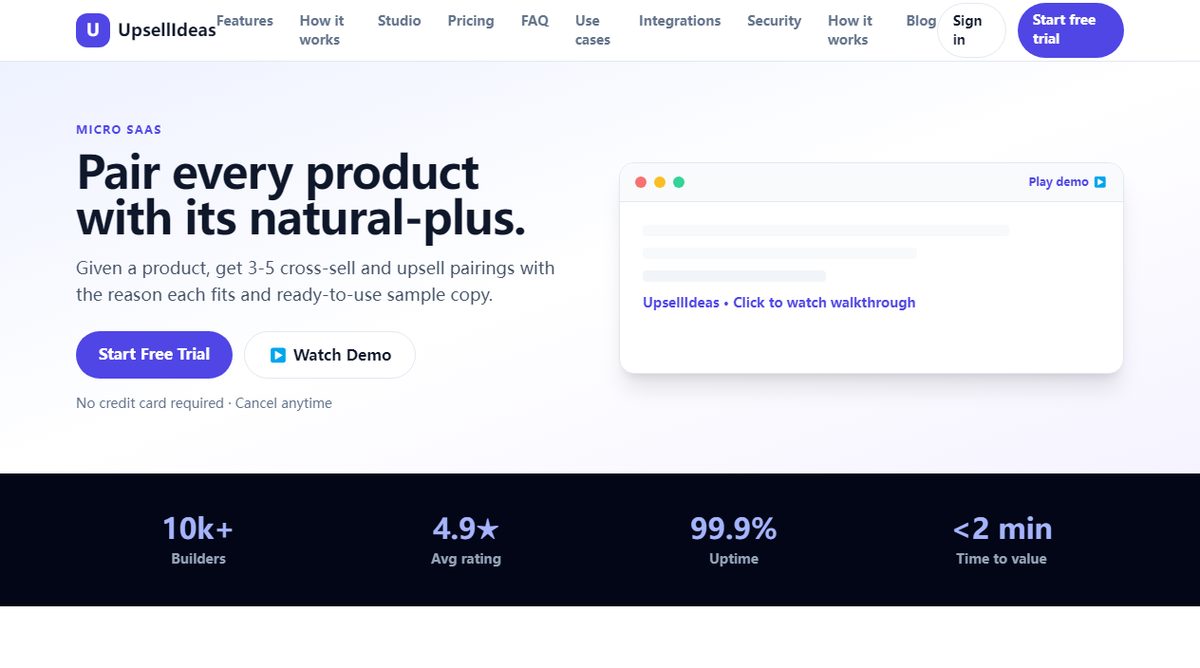 UpsellIdeas product homepage screenshot.
