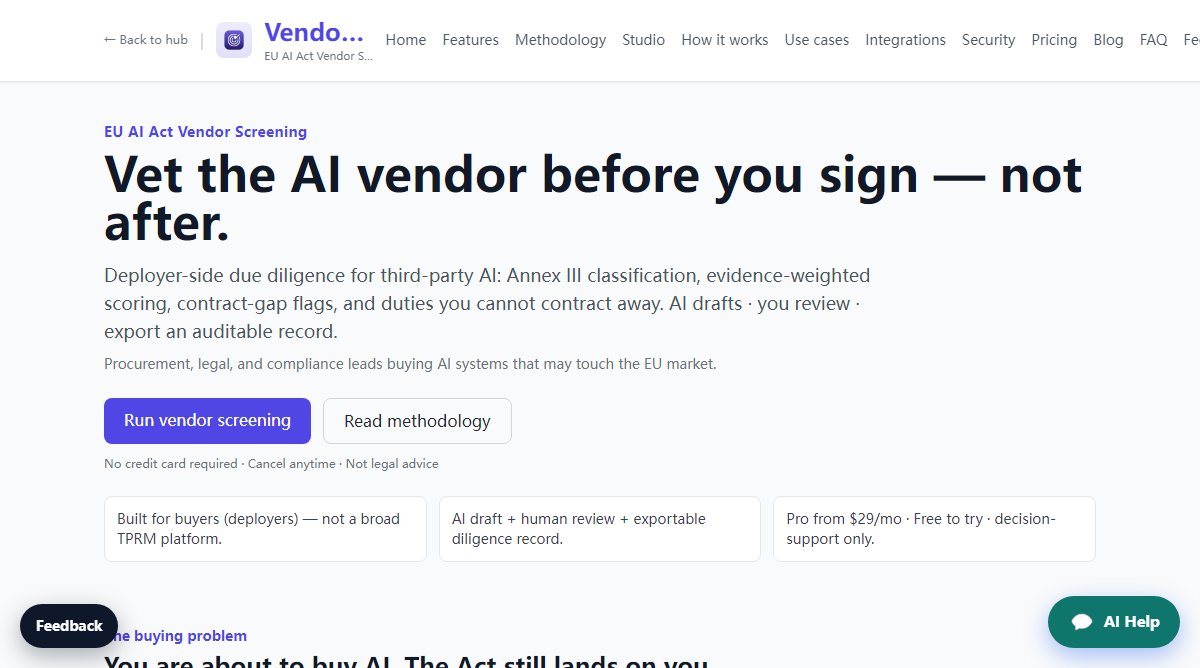 VendorVet product homepage screenshot.