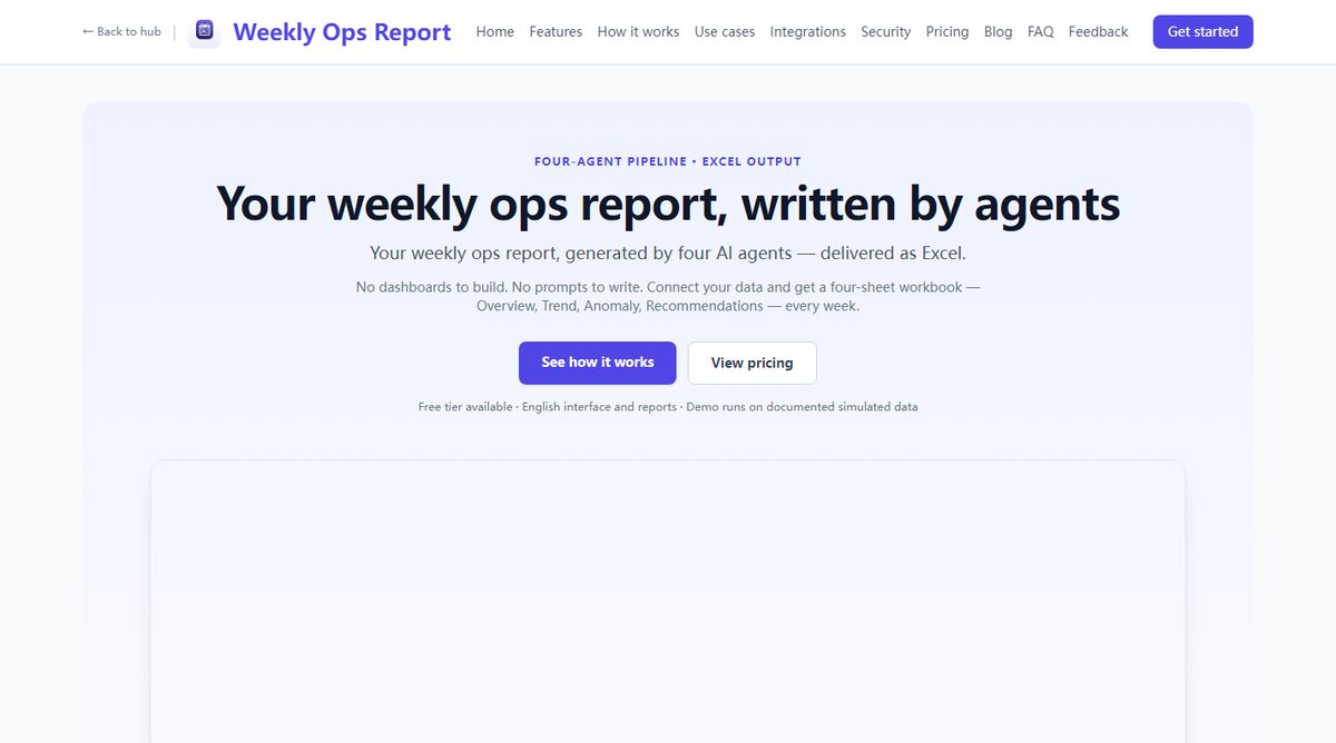 Weekly Ops Report product homepage screenshot.