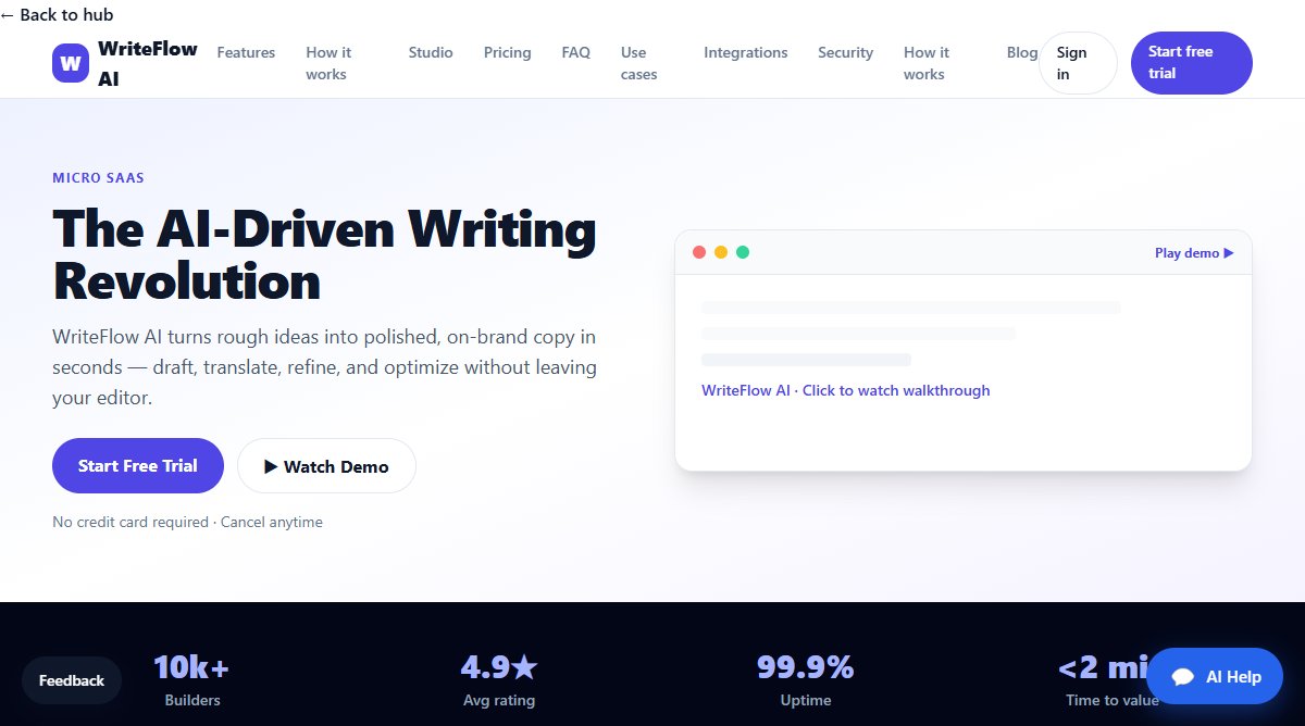 WriteFlow AI product homepage screenshot.