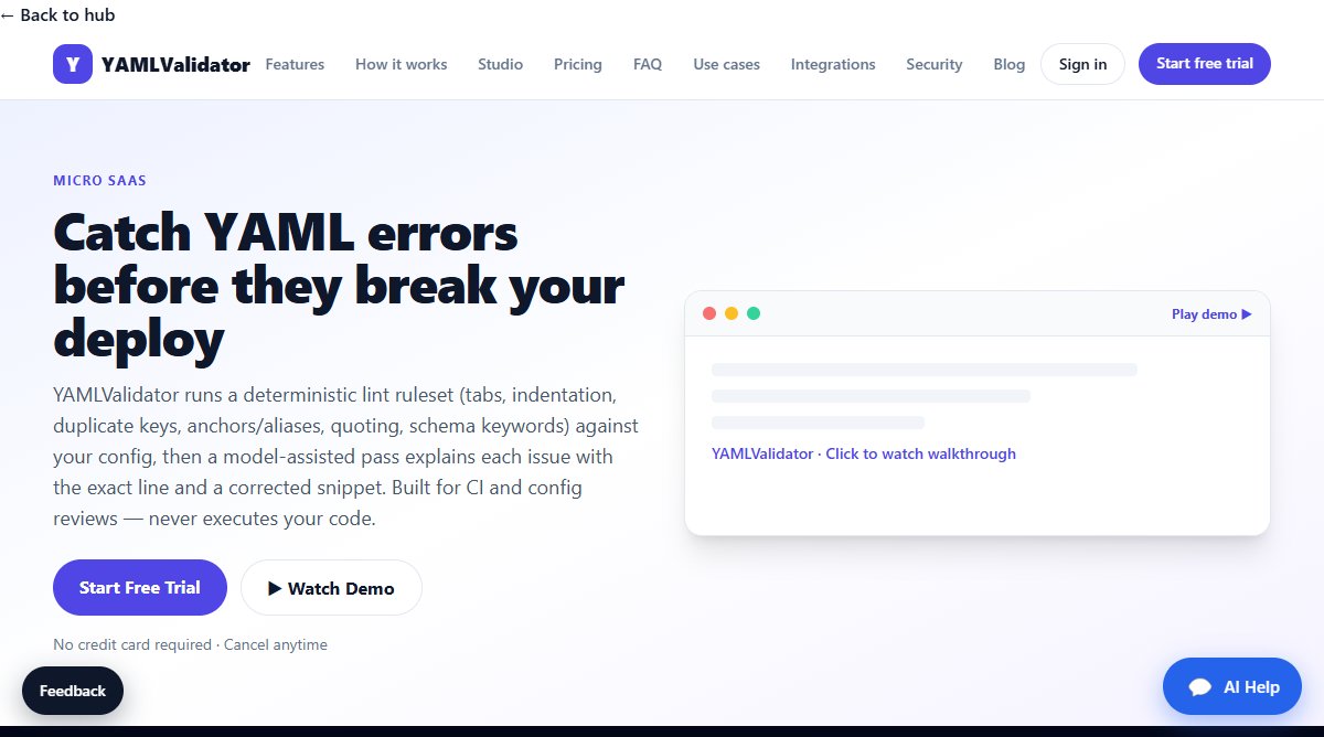 YAMLValidator product homepage screenshot.